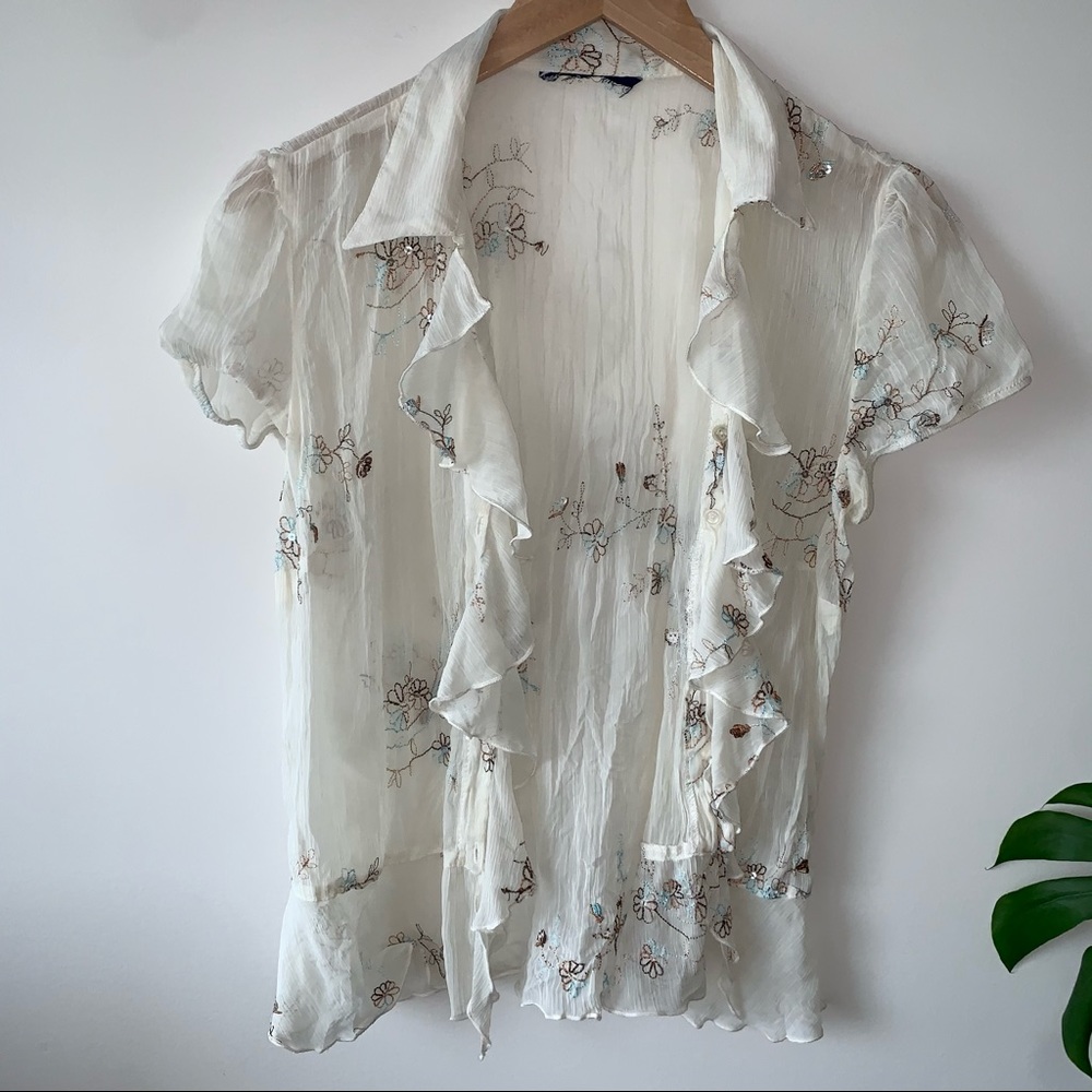 Sheer floral detailed tie-up tee, cream/blue/brown